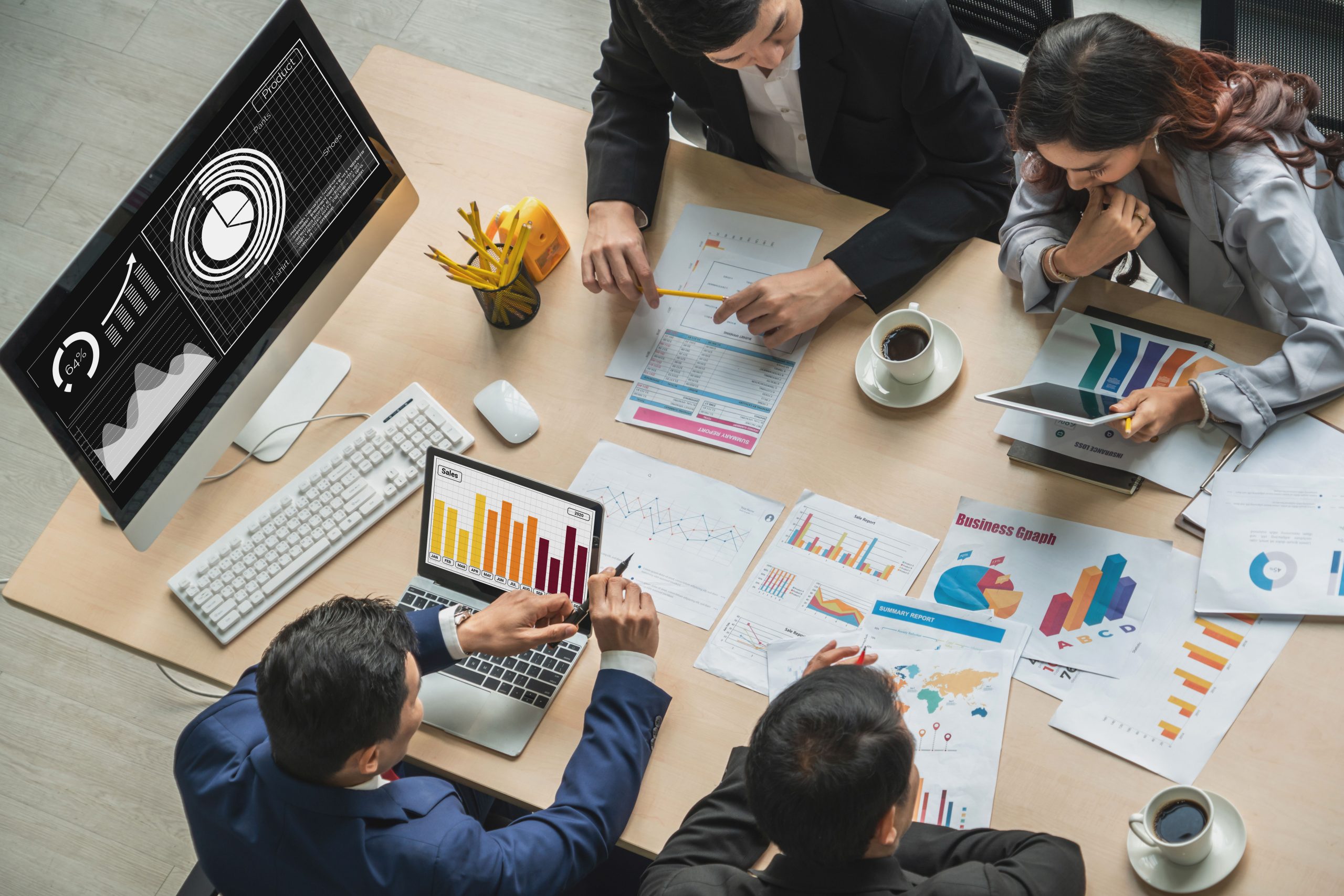 Business visual data analyzing technology by creative computer software . Concept of digital data for marketing analysis and investment decision making .