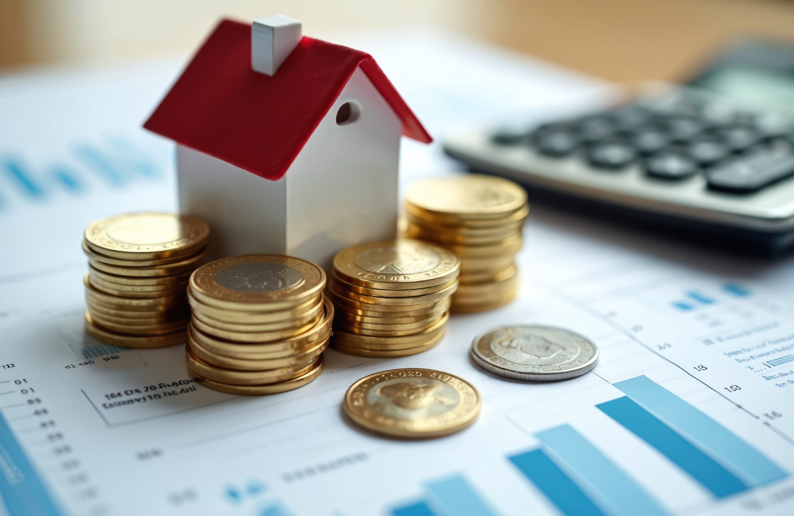 Real estate investment concept. House model with coins, calculator on financial documents, mortgage loan application. Property market, housing, money, finance, banking, interest rate financial